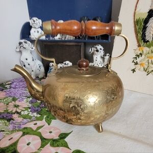 Brass Floral Etcged Teapot Kettle with Wooden Handle Footed Vintage